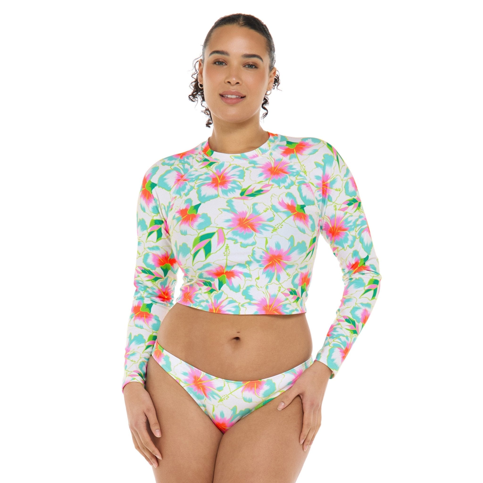 Kiko Crop Long Sleeve Rashguard - Floral Print - White/Pink/Blue