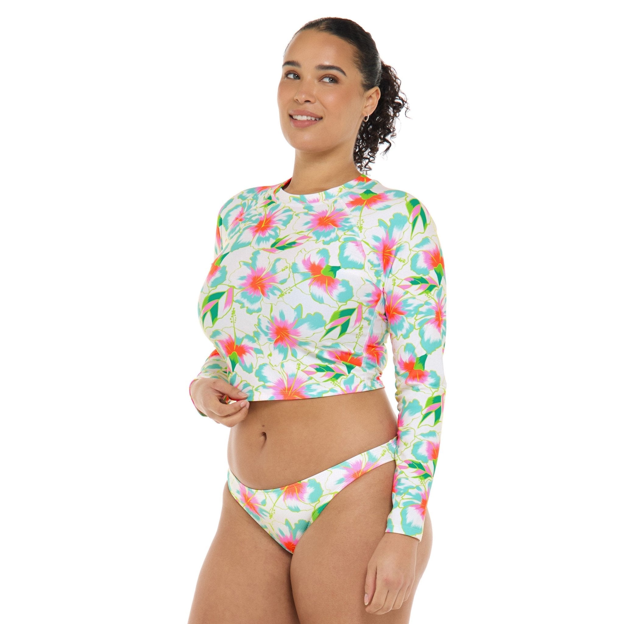 Kiko Crop Long Sleeve Rashguard - Floral Print - White/Pink/Blue